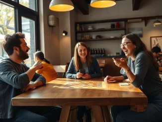 Group of friends playing a board game in a sunlit cafe, no phones in sight.