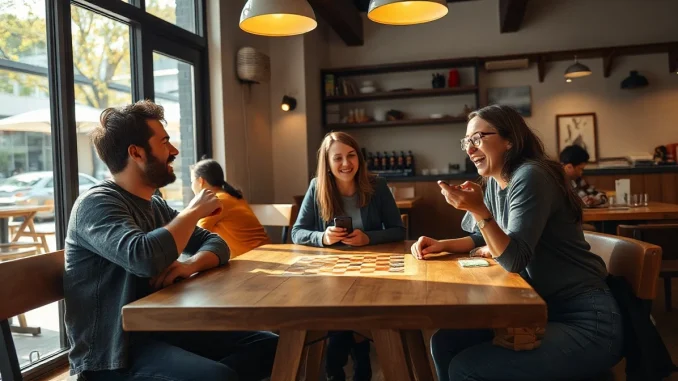 Group of friends playing a board game in a sunlit cafe, no phones in sight.