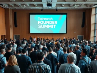 Crowd of founders and investors networking at TechCrunch Founder Summit conference hall with keynote stage.