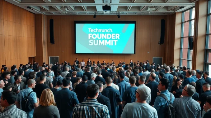 Crowd of founders and investors networking at TechCrunch Founder Summit conference hall with keynote stage.