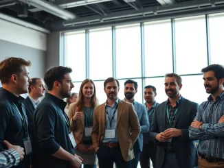 Founders networking at the TechCrunch Founder Summit conference in Boston.