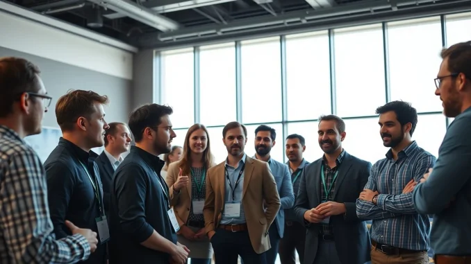 Founders networking at the TechCrunch Founder Summit conference in Boston.