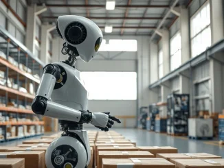 A modular reconfigurable robot in a bright Barcelona warehouse, sorting packages.