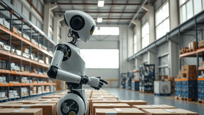 A modular reconfigurable robot in a bright Barcelona warehouse, sorting packages.