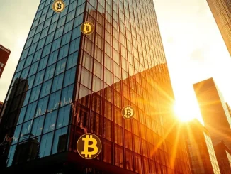 Modern glass skyscraper with holographic blockchain and financial chart overlays symbolizing institutional tokenization growth.