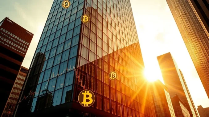 Modern glass skyscraper with holographic blockchain and financial chart overlays symbolizing institutional tokenization growth.