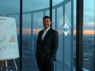 Tom Lee standing at a whiteboard with financial charts and an Ethereum logo in the background.