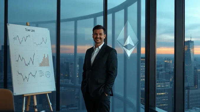 Tom Lee standing at a whiteboard with financial charts and an Ethereum logo in the background.
