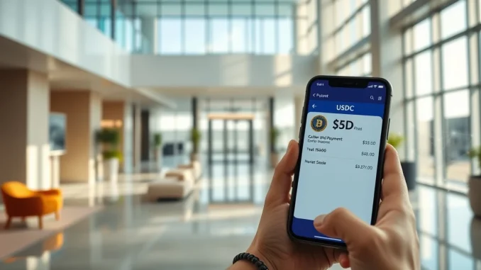 Traveler holding a smartphone showing a USDC payment confirmation in a modern hotel lobby