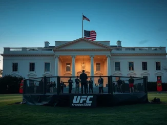 UFC octagon on White House lawn at dusk with American flag