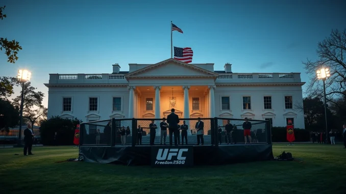 UFC octagon on White House lawn at dusk with American flag