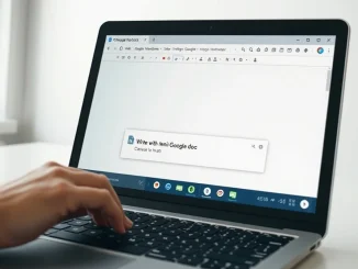 Close-up of a laptop screen showing a Google Docs document with a 'Write with Gemini' AI pop-up bar at the bottom.