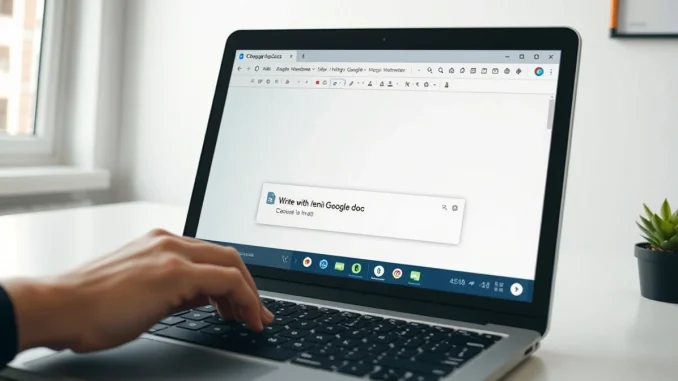 Close-up of a laptop screen showing a Google Docs document with a 'Write with Gemini' AI pop-up bar at the bottom.