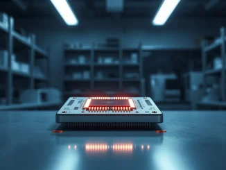 Close-up of a futuristic oscillator-based microchip on a lab workbench at Unconventional AI.