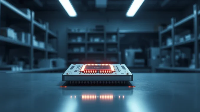 Close-up of a futuristic oscillator-based microchip on a lab workbench at Unconventional AI.