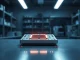 Close-up of a futuristic oscillator-based microchip on a lab workbench at Unconventional AI.
