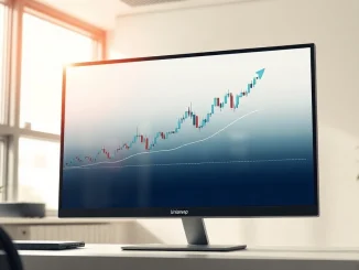 Uniswap trading interface on a monitor with a price chart showing an upward trend in a modern office setting.