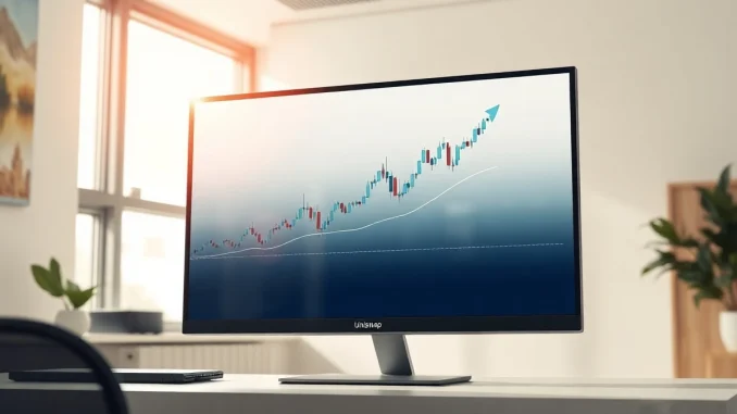 Uniswap trading interface on a monitor with a price chart showing an upward trend in a modern office setting.