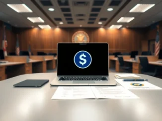Regulatory office desk with laptop displaying a stablecoin symbol and official documents