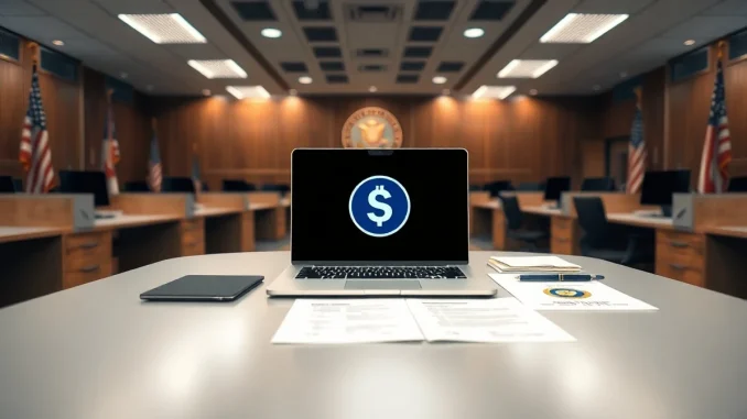 Regulatory office desk with laptop displaying a stablecoin symbol and official documents