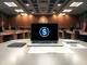Regulatory office desk with laptop displaying a stablecoin symbol and official documents