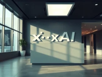 Empty corporate lobby with blurred xAI logo, illustrating the lawsuit against the AI company.