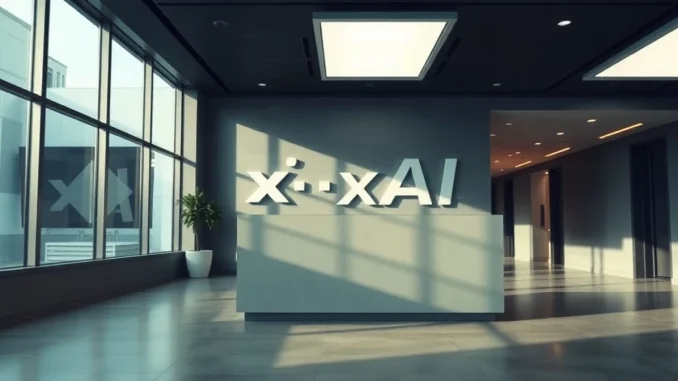 Empty corporate lobby with blurred xAI logo, illustrating the lawsuit against the AI company.