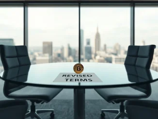 Bitcoin coin and revised contract on a meeting room table symbolizing SPAC merger renegotiation.
