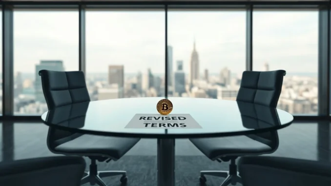 Bitcoin coin and revised contract on a meeting room table symbolizing SPAC merger renegotiation.