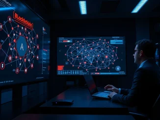 Security analysts monitoring a blockchain network for AI-driven vulnerabilities in a dimly lit operations center.