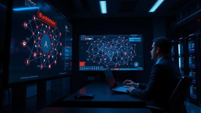 Security analysts monitoring a blockchain network for AI-driven vulnerabilities in a dimly lit operations center.