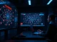 Security analysts monitoring a blockchain network for AI-driven vulnerabilities in a dimly lit operations center.