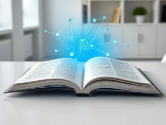 Open book and digital tablet with glowing AI neural network pattern in a bright modern office