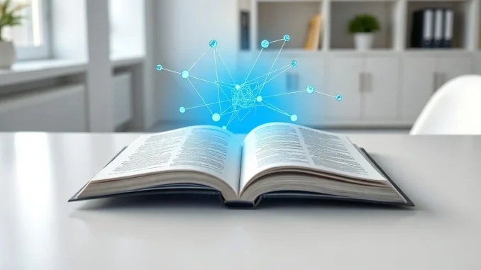 Open book and digital tablet with glowing AI neural network pattern in a bright modern office