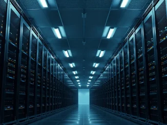 Interior view of a large data center with rows of server racks and LED status lights.