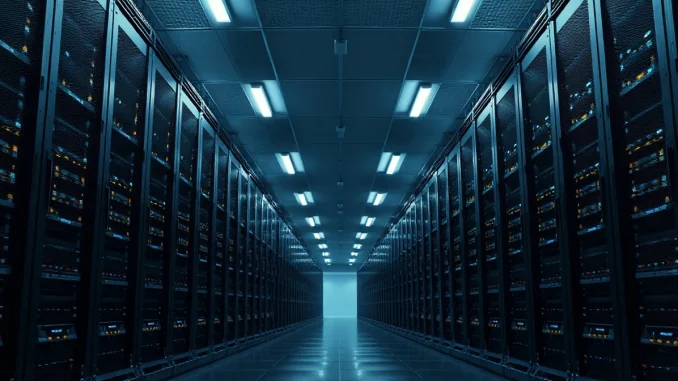 Interior view of a large data center with rows of server racks and LED status lights.