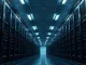 Interior view of a large data center with rows of server racks and LED status lights.