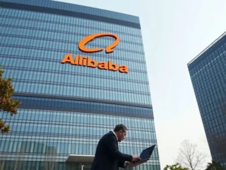 Alibaba corporate headquarters in Shanghai on a clear day, representing the company's technology policy decision.