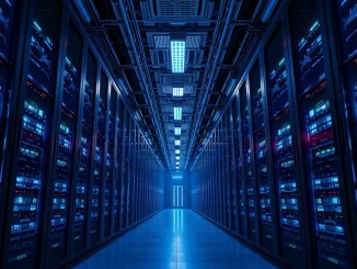 Interior of a modern data center with rows of server racks illuminated by blue and amber lighting