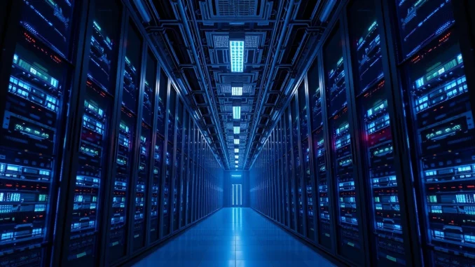 Interior of a modern data center with rows of server racks illuminated by blue and amber lighting