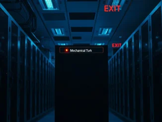 A dimly lit data center aisle with a single 'Mechanical Turk' server rack showing an amber status light, symbolizing the service's reduced operations.