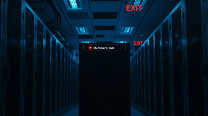 A dimly lit data center aisle with a single 'Mechanical Turk' server rack showing an amber status light, symbolizing the service's reduced operations.
