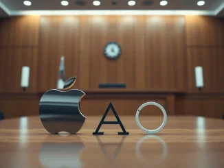 Courtroom scene with Apple and OpenAI logos on a table, symbolizing a trade secrets lawsuit.