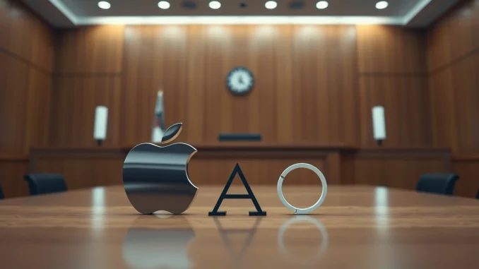 Courtroom scene with Apple and OpenAI logos on a table, symbolizing a trade secrets lawsuit.