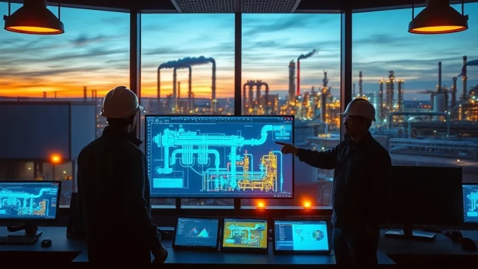 Engineers in a control room viewing a 3D AI simulation of a petrochemical plant on a large digital screen