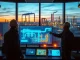 Engineers in a control room viewing a 3D AI simulation of a petrochemical plant on a large digital screen