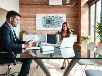 Ashton Kutcher and Morgan Beller meeting in a modern startup office, discussing venture capital investments.