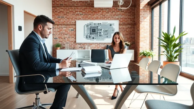 Ashton Kutcher and Morgan Beller meeting in a modern startup office, discussing venture capital investments.