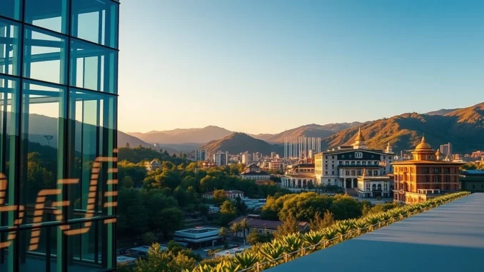 Gelephu Mindfulness City skyline with digital Bitcoin symbol integrated into architecture at sunset.