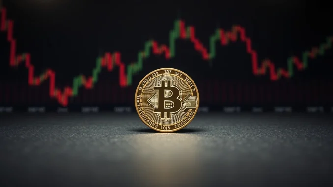 Bitcoin coin on a dark surface with blurred stock charts in background